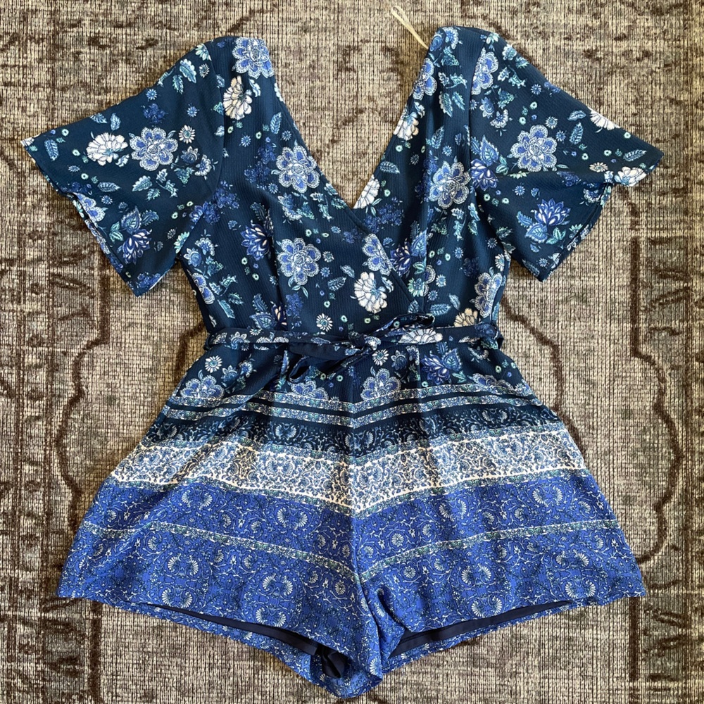 Altar’d State Blue Paisley Faux-wrap Romper